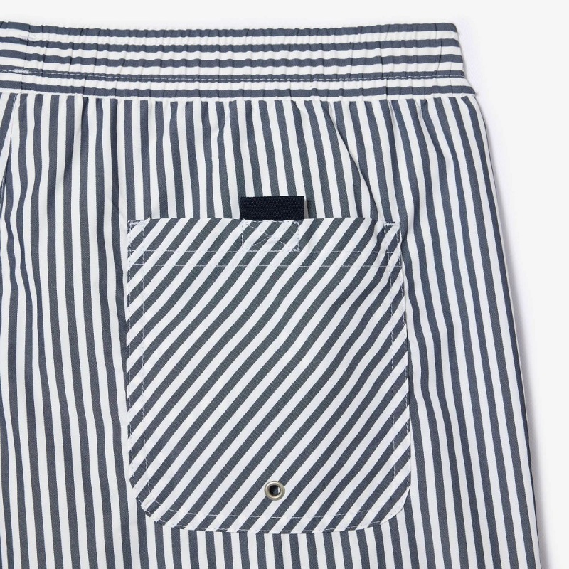 Men's Lacoste Striped Swim Trunks Navy Blue White | RAD417902