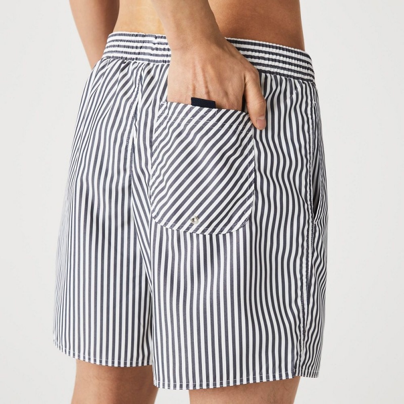 Men's Lacoste Striped Swim Trunks Navy Blue White | RAD417902