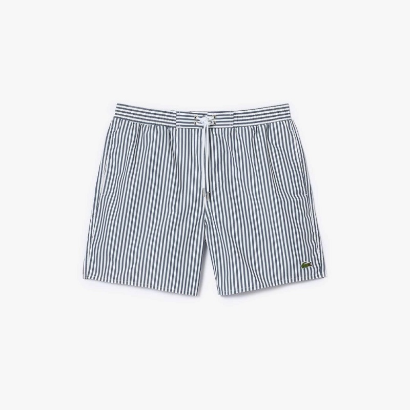 Men's Lacoste Striped Swim Trunks Navy Blue White | RAD417902