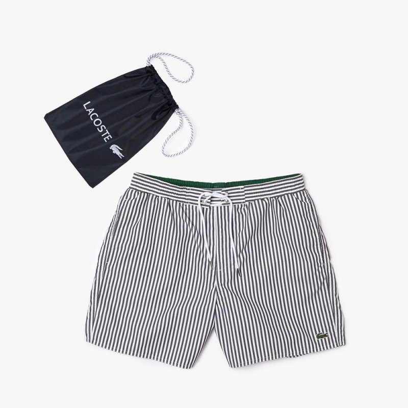 Men's Lacoste Striped Swim Trunks Navy Blue White | RAD417902