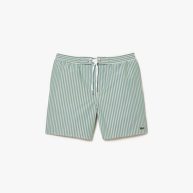 Men\'s Lacoste Striped Swim Trunks White Green | ZIV742601