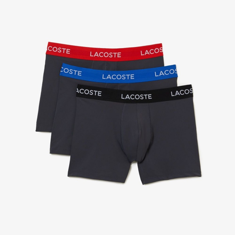 Men's Lacoste Striped Waist Microfiber 3-Pack Trunks Dark Grey Red Blue Black | MNH806231