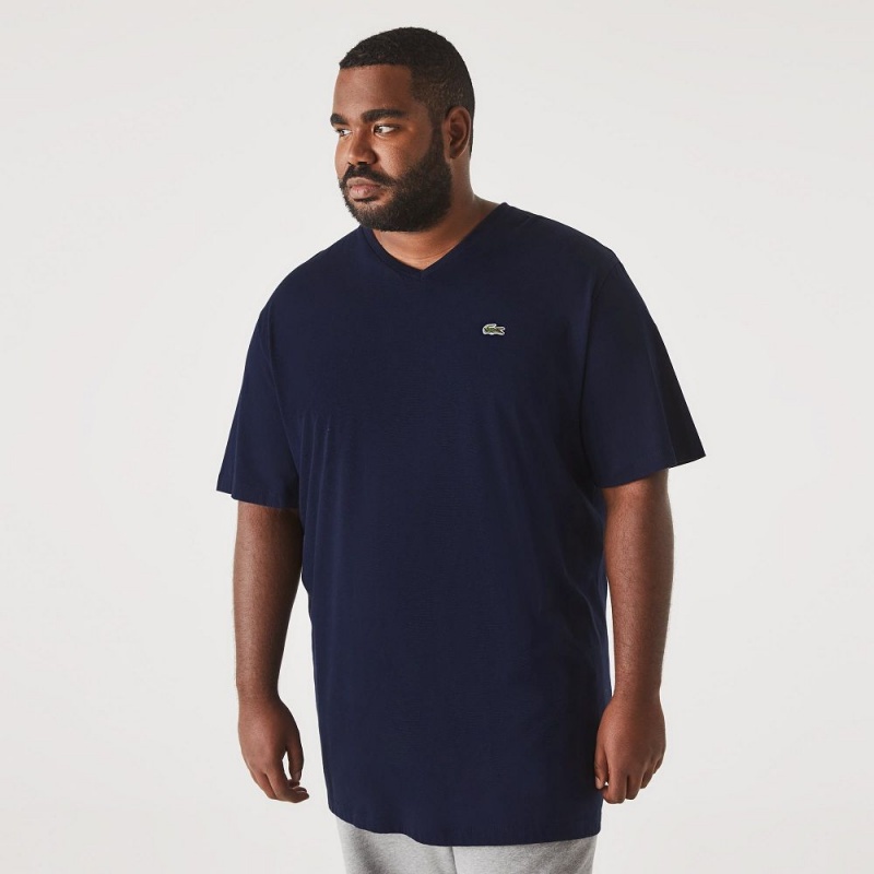 Men's Lacoste Tall Fit Ribbed V-Neck Cotton T-Shirt Navy Blue | FAN953182