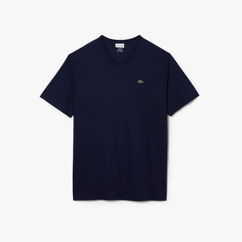 Men's Lacoste Tall Fit Ribbed V-Neck Cotton T-Shirt Navy Blue | FAN953182