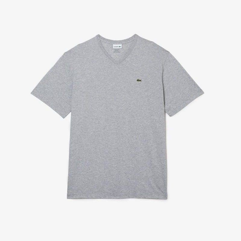 Men's Lacoste Tall Fit Ribbed V-Neck Cotton T-Shirt Grey Chine | SLX846723