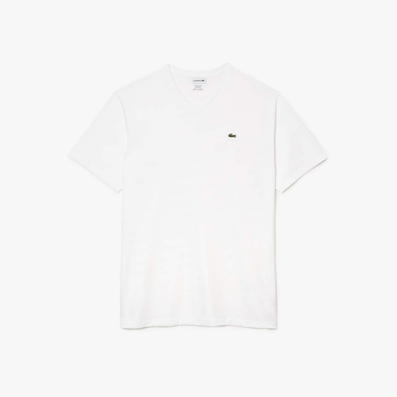 Men's Lacoste Tall Fit Ribbed V-Neck Cotton T-Shirt White | FCO834796