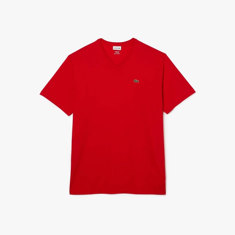 Men's Lacoste Tall Fit Ribbed V-Neck Cotton T-Shirt Red | ABT847120