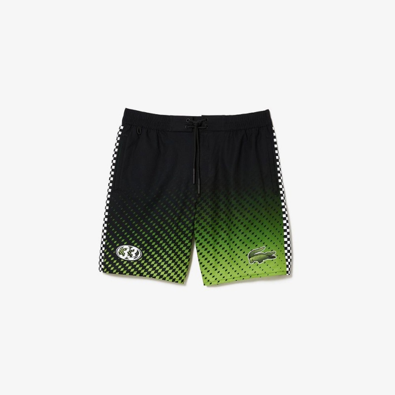 Men's Lacoste Two-Tone Checkerboard Print Swim Trunks Black Yellow | ABG632748