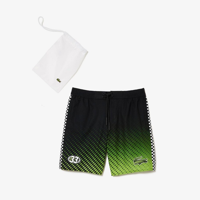 Men's Lacoste Two-Tone Checkerboard Print Swim Trunks Black Yellow | ABG632748