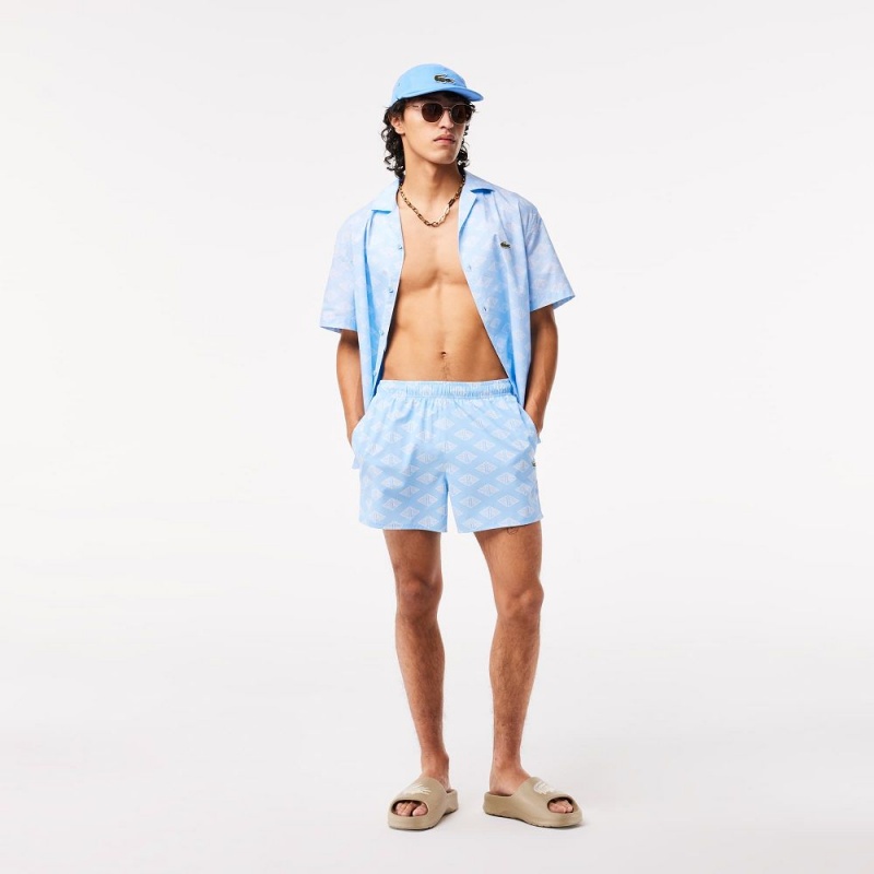 Men's Lacoste Two-Tone Monogram Swim Trunks Blue White | UOP520876