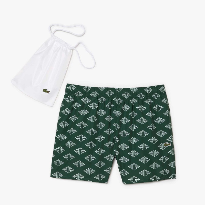 Men's Lacoste Two-Tone Monogram Swim Trunks Green White | KHA384019