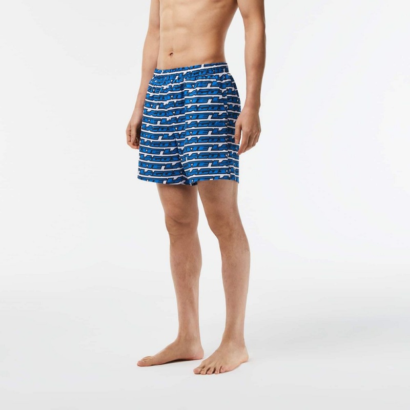 Men's Lacoste Two-Tone Print Swim Trunks White Blue | IZA372968