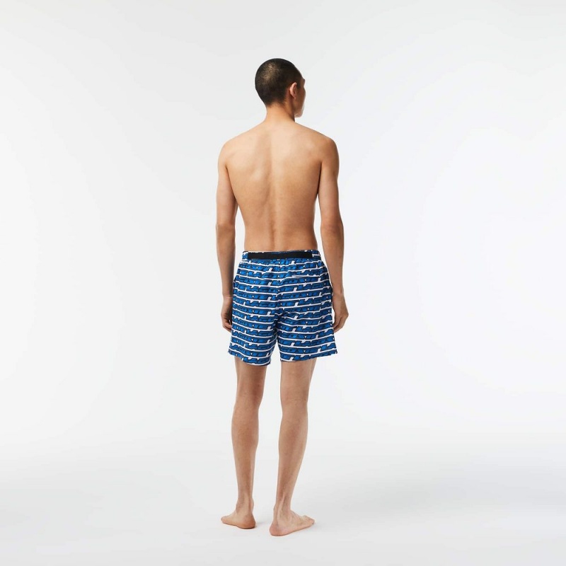 Men's Lacoste Two-Tone Print Swim Trunks White Blue | IZA372968