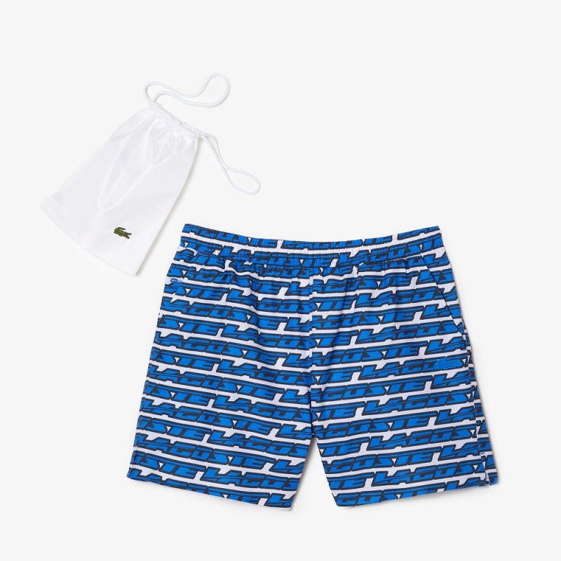 Men's Lacoste Two-Tone Print Swim Trunks White Blue | IZA372968