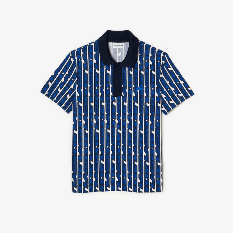 Men's Lacoste Two-Tone Printed Lacoste Movement Polo Shirts White Blue | AYX230814