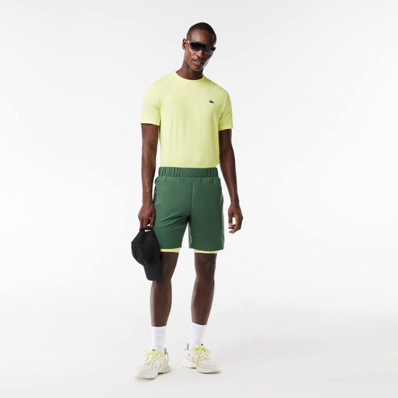 Men's Lacoste Two-Tone SPORT Lined Shorts Dark Green Flashy Yellow | IBS412605