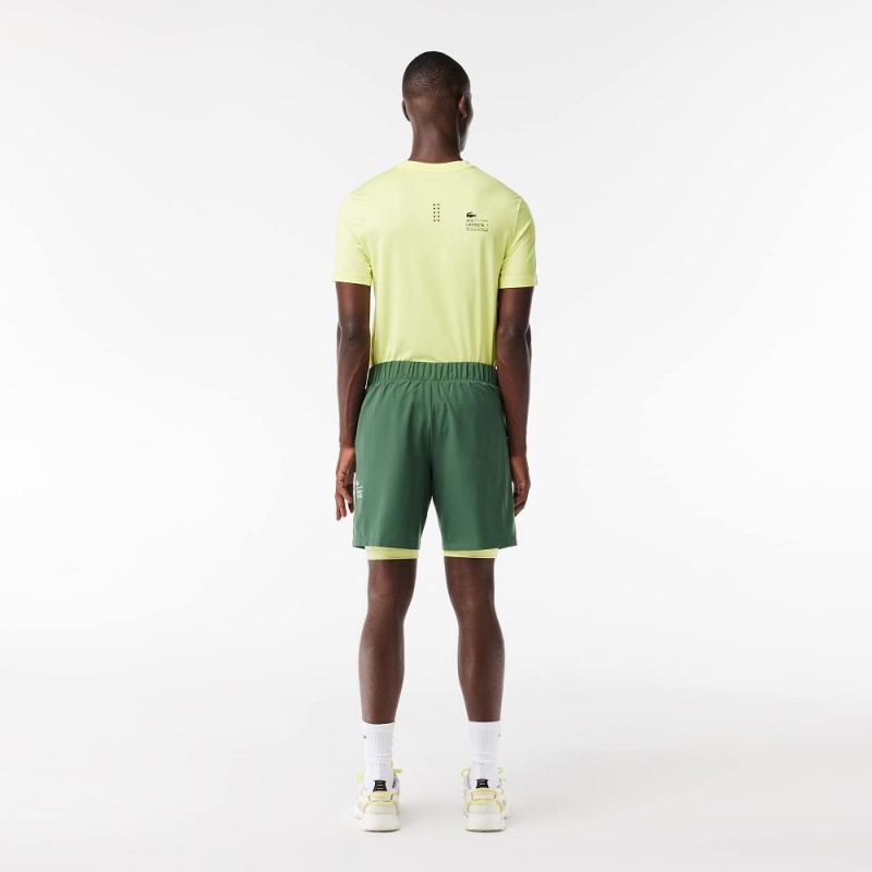 Men's Lacoste Two-Tone SPORT Lined Shorts Dark Green Flashy Yellow | IBS412605