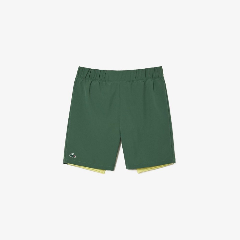 Men's Lacoste Two-Tone SPORT Lined Shorts Dark Green Flashy Yellow | IBS412605