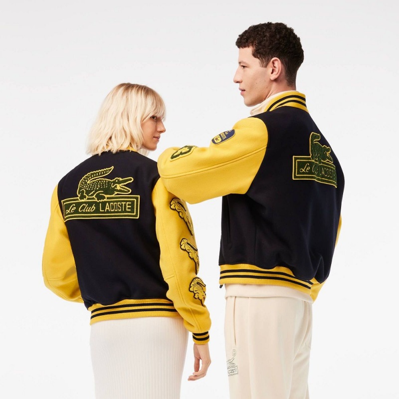 Men's Lacoste Two-Tone Wool Bomber Jackets Navy Blue Yellow | DNP379248