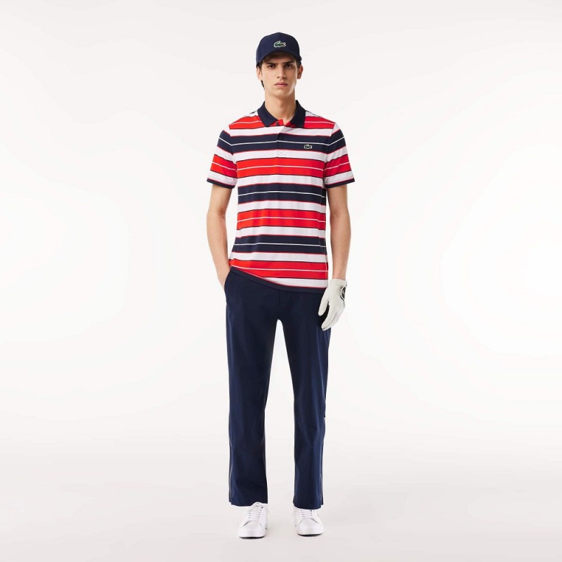 Men's Lacoste Ultra-Dry Anti-UV Striped Golf Polo Shirts Red White Navy Blue | VXY706498