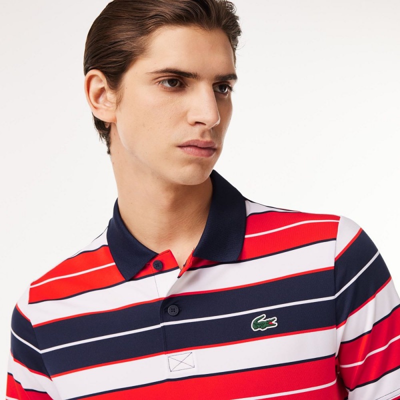 Men's Lacoste Ultra-Dry Anti-UV Striped Golf Polo Shirts Red White Navy Blue | VXY706498