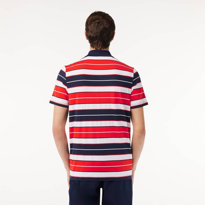 Men's Lacoste Ultra-Dry Anti-UV Striped Golf Polo Shirts Red White Navy Blue | VXY706498