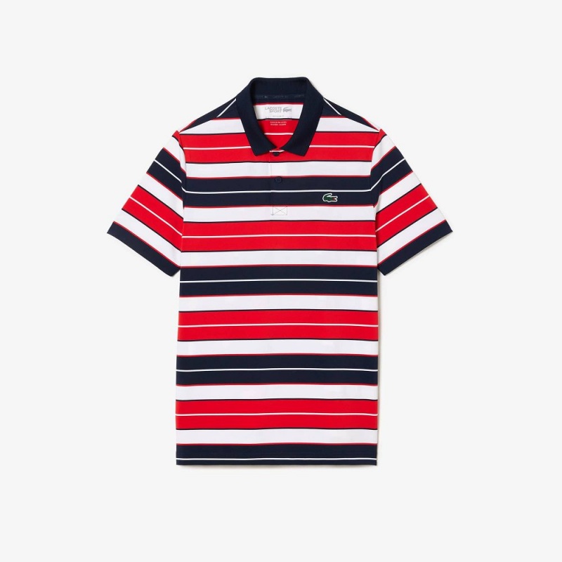 Men's Lacoste Ultra-Dry Anti-UV Striped Golf Polo Shirts Red White Navy Blue | VXY706498