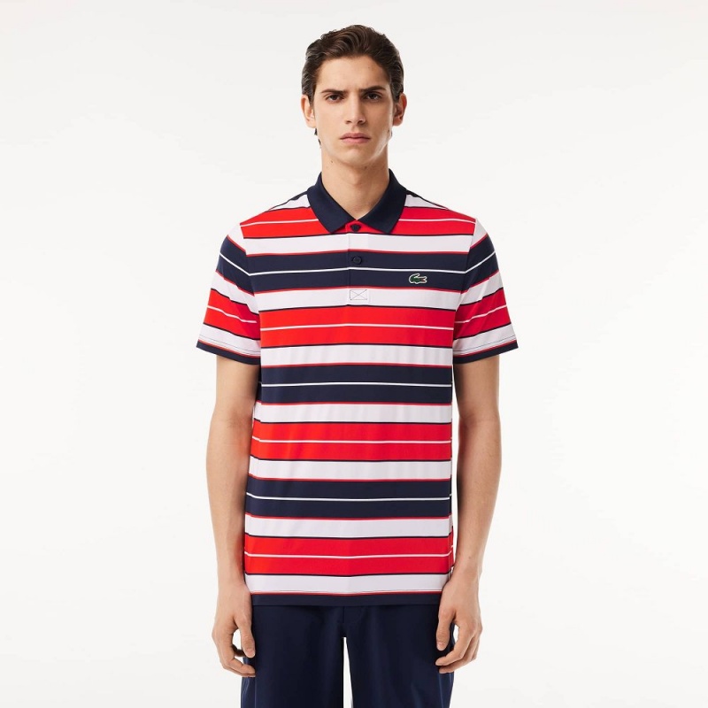 Men\'s Lacoste Ultra-Dry Anti-UV Striped Golf Polo Shirts Red White Navy Blue | VXY706498