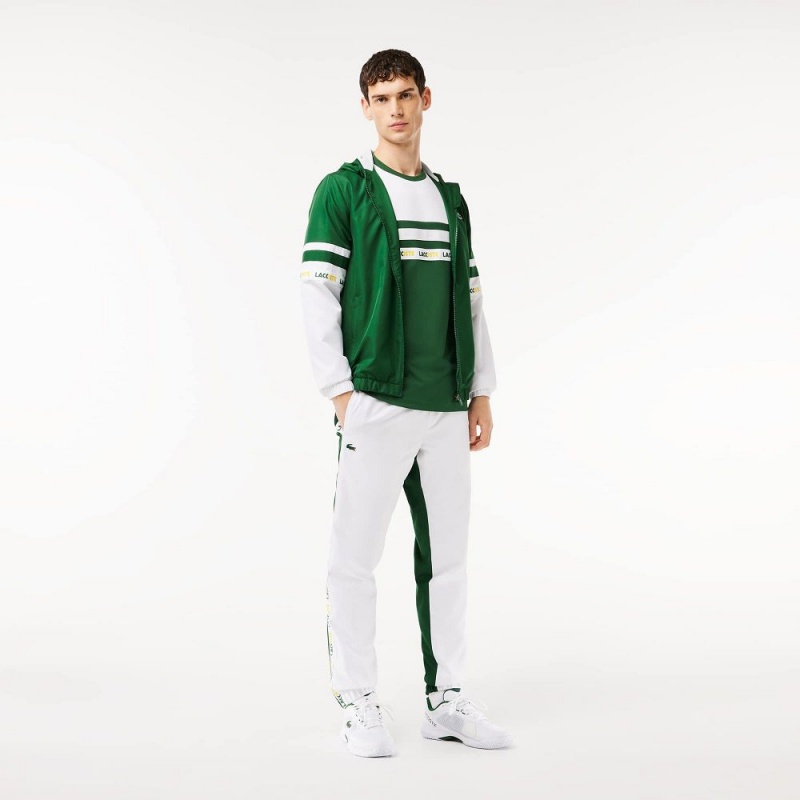 Men's Lacoste Ultra-Dry Logo Stripe Piqué Tennis T-Shirt Green White | QDB365821