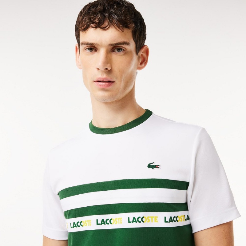 Men's Lacoste Ultra-Dry Logo Stripe Piqué Tennis T-Shirt Green White | QDB365821