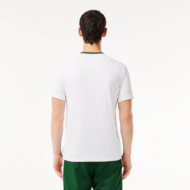 Men's Lacoste Ultra-Dry Logo Stripe Piqué Tennis T-Shirt Green White | QDB365821