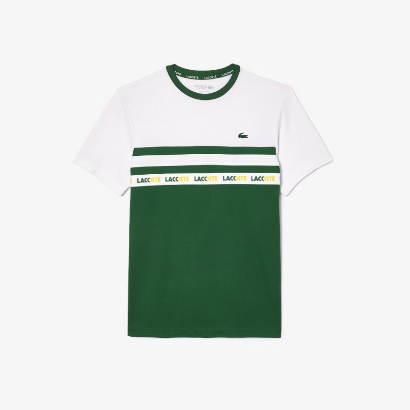 Men's Lacoste Ultra-Dry Logo Stripe Piqué Tennis T-Shirt Green White | QDB365821