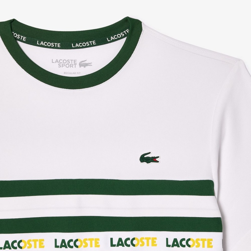 Men's Lacoste Ultra-Dry Logo Stripe Piqué Tennis T-Shirt Green White | QDB365821