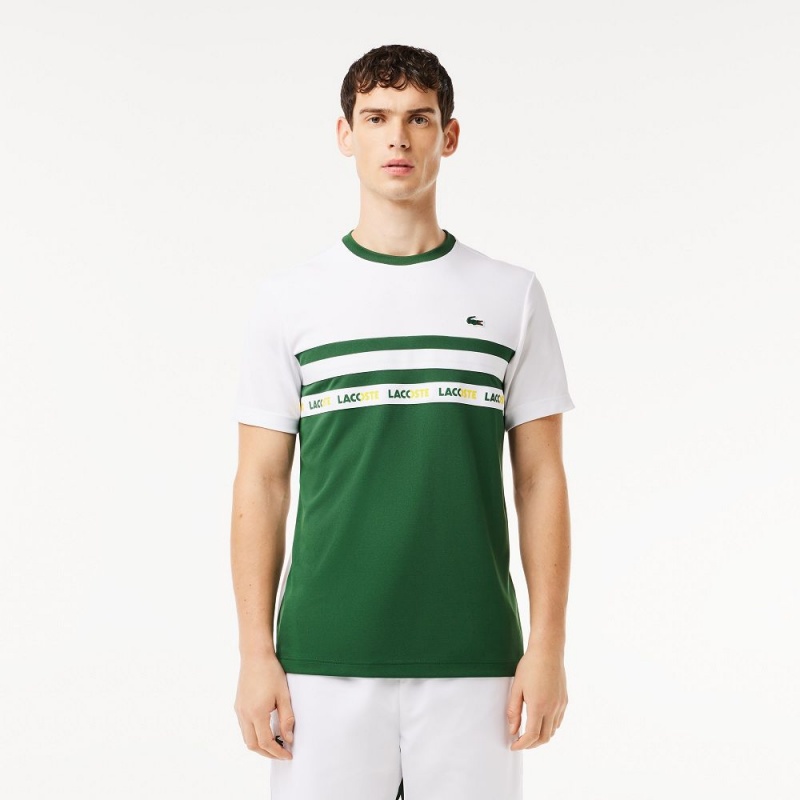 Men\'s Lacoste Ultra-Dry Logo Stripe Piqué Tennis T-Shirt Green White | QDB365821