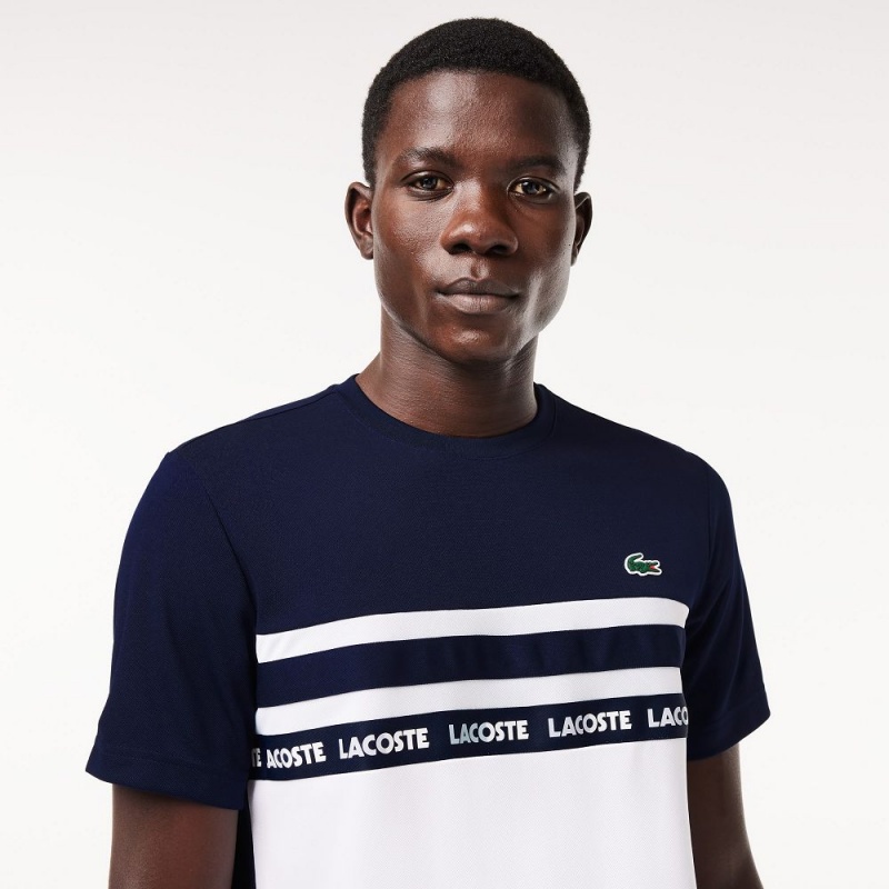 Men's Lacoste Ultra-Dry Logo Stripe Piqué Tennis T-Shirt White Navy Blue | ACP243157