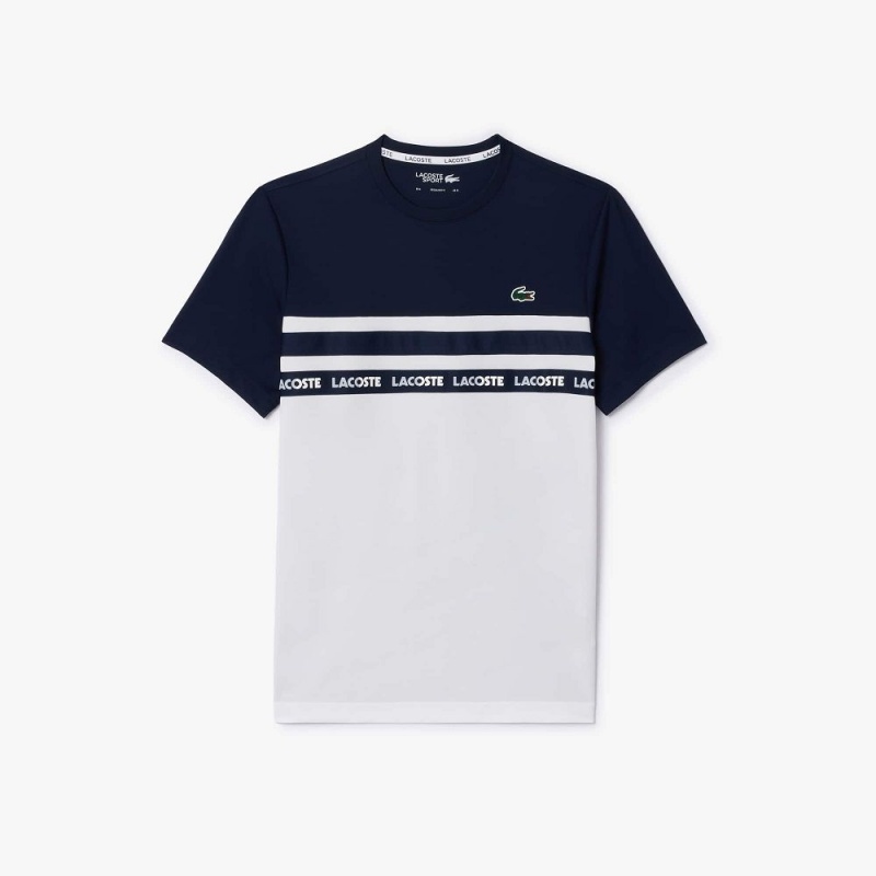 Men's Lacoste Ultra-Dry Logo Stripe Piqué Tennis T-Shirt White Navy Blue | ACP243157