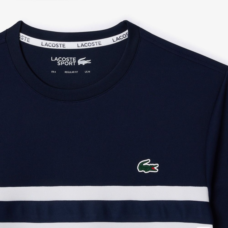 Men's Lacoste Ultra-Dry Logo Stripe Piqué Tennis T-Shirt White Navy Blue | ACP243157