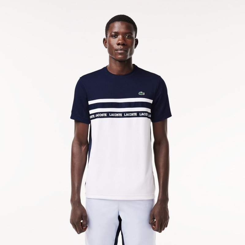 Men\'s Lacoste Ultra-Dry Logo Stripe Piqué Tennis T-Shirt White Navy Blue | ACP243157