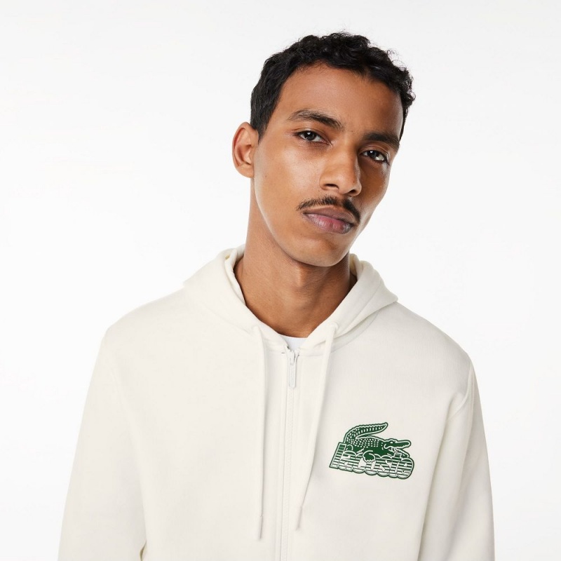 Men's Lacoste Unbrushed Fleece Zip-Up Hoodie White | HLA582307