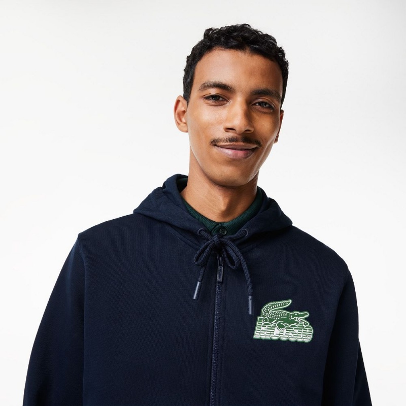 Men's Lacoste Unbrushed Fleece Zip-Up Hoodie Navy Blue | ZML243195