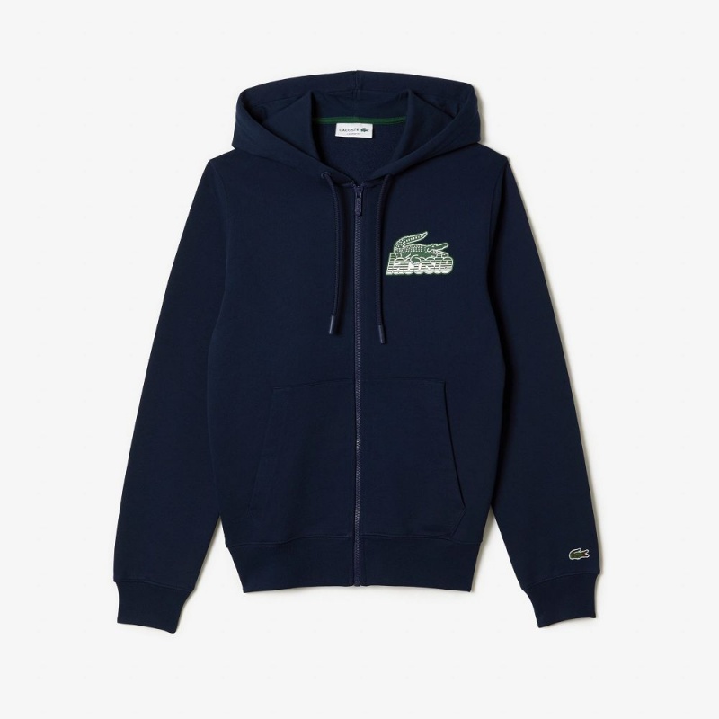 Men's Lacoste Unbrushed Fleece Zip-Up Hoodie Navy Blue | ZML243195