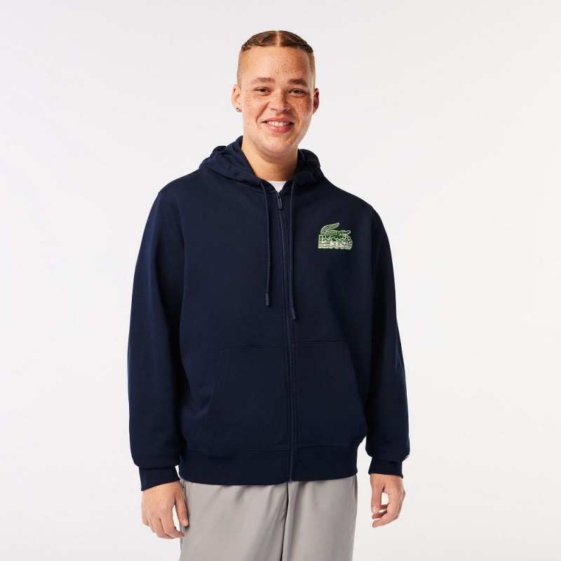 Men's Lacoste Unbrushed Fleece Zip-Up Hoodie Navy Blue | ZML243195