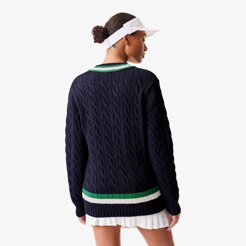 Men's Lacoste V-Neck Cable Knit Striped Sweater Navy Blue Green White | DLG539861