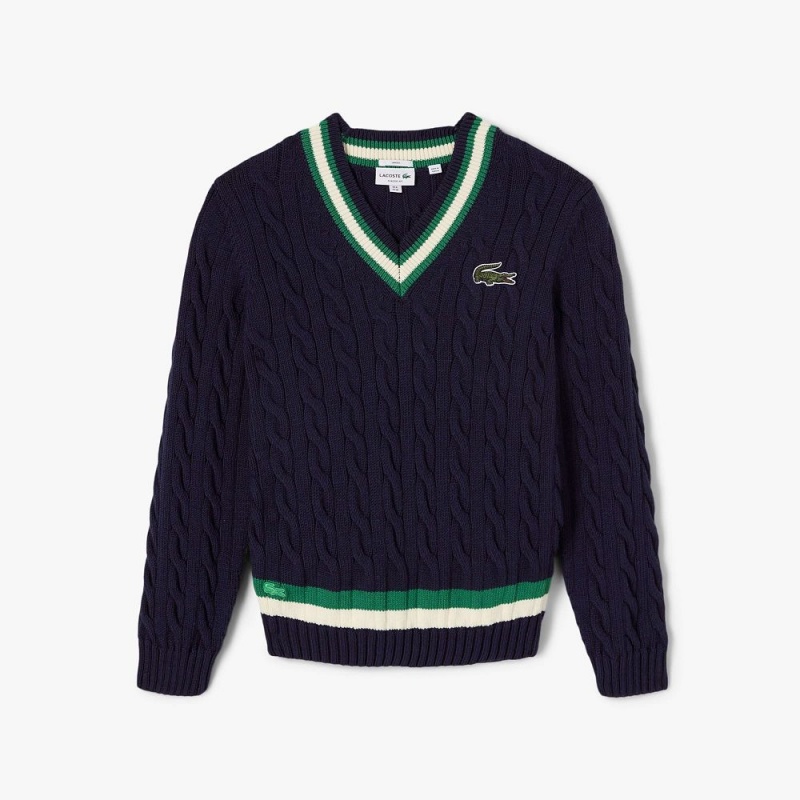 Men's Lacoste V-Neck Cable Knit Striped Sweater Navy Blue Green White | DLG539861