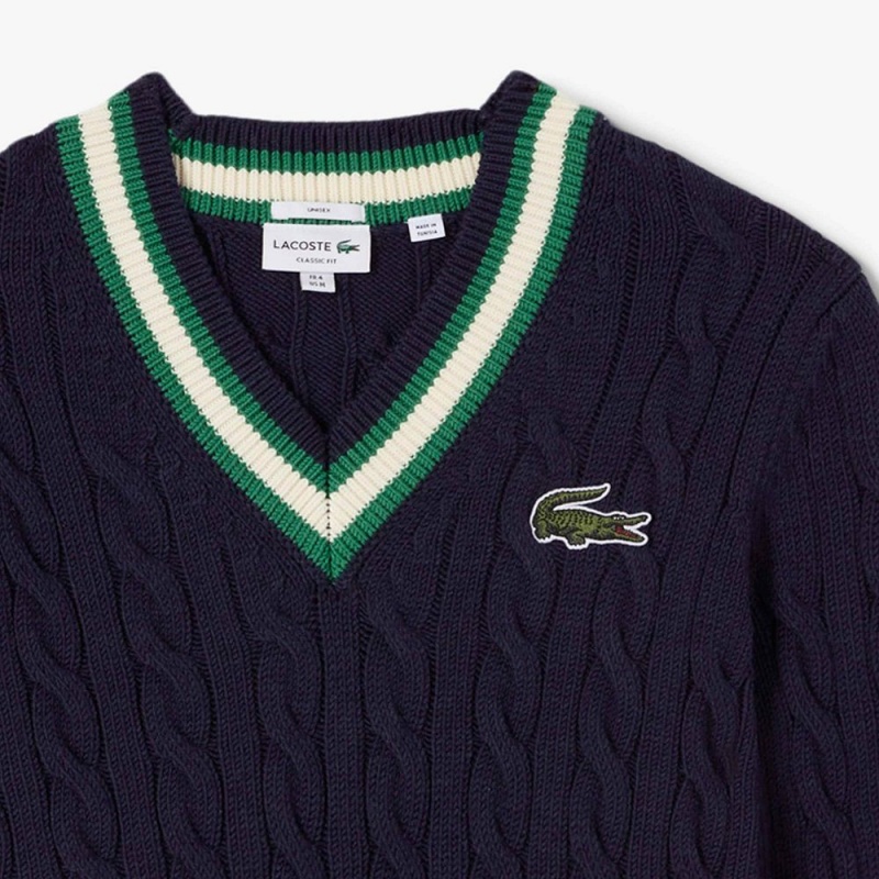 Men's Lacoste V-Neck Cable Knit Striped Sweater Navy Blue Green White | DLG539861