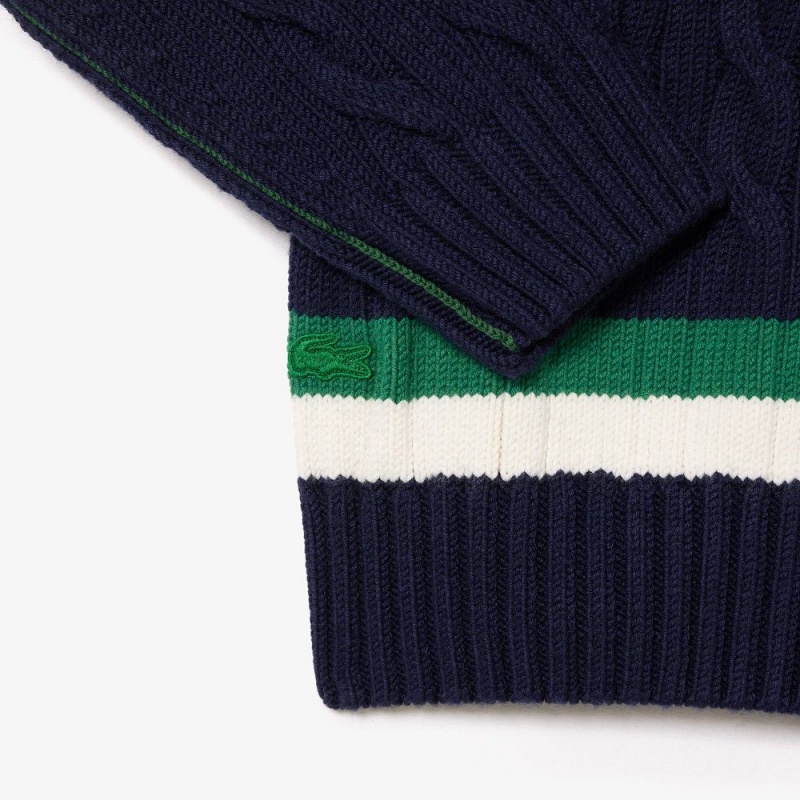 Men's Lacoste V-Neck Cable Knit Striped Sweater Navy Blue Green White | DLG539861