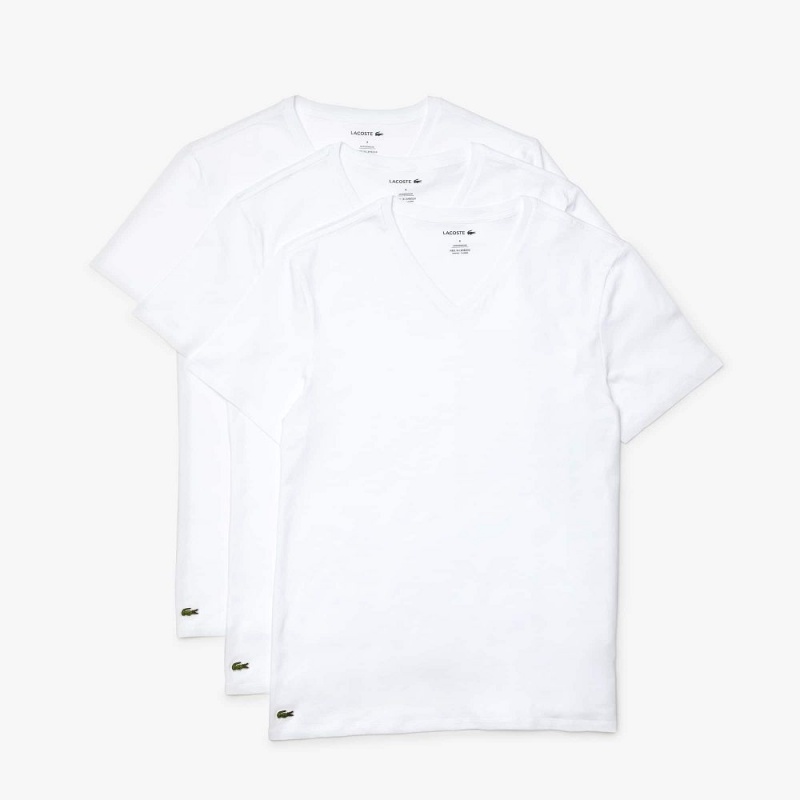 Men's Lacoste V-Neck Cotton Lounge 3-Pack T-Shirt White | FXI286509