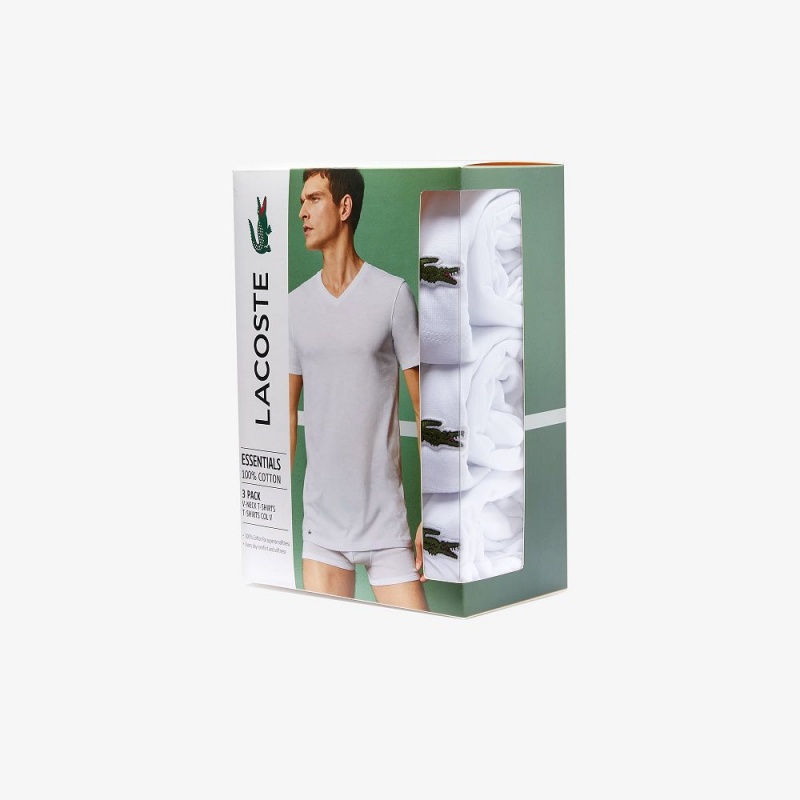 Men's Lacoste V-Neck Cotton Lounge 3-Pack T-Shirt White | FXI286509