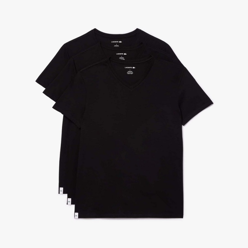 Men's Lacoste V-Neck Cotton Lounge 3-Pack T-Shirt Black | PAO052941