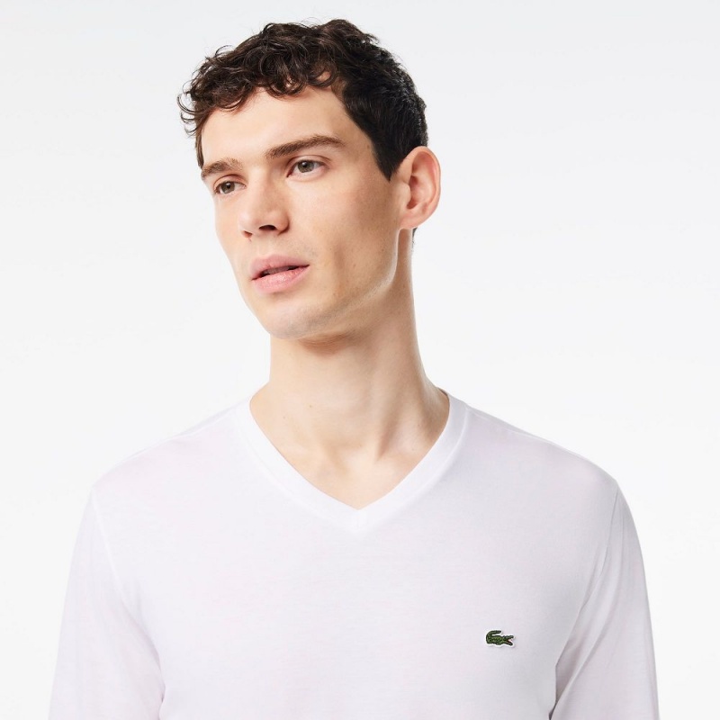 Men's Lacoste V-Neck Lightweight Pima Cotton Jersey T-Shirt White | LJK042368